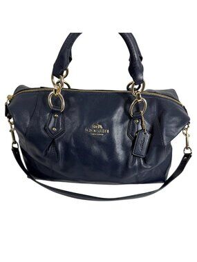 Coach Colette F33806 Satchel Navy Blue Pleated Leather Shoulder Tote Bag + Tag
